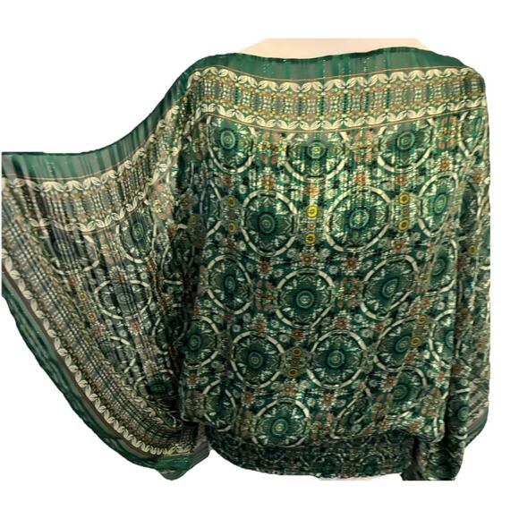 Max Studio Boho Handkerchief Blouse M Emerald Green Gold Smocked Hem Artsy Retro - Picture 12 of 14